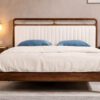 teak wood king size bed in Hyderabad with curved slat headboard and upholstery